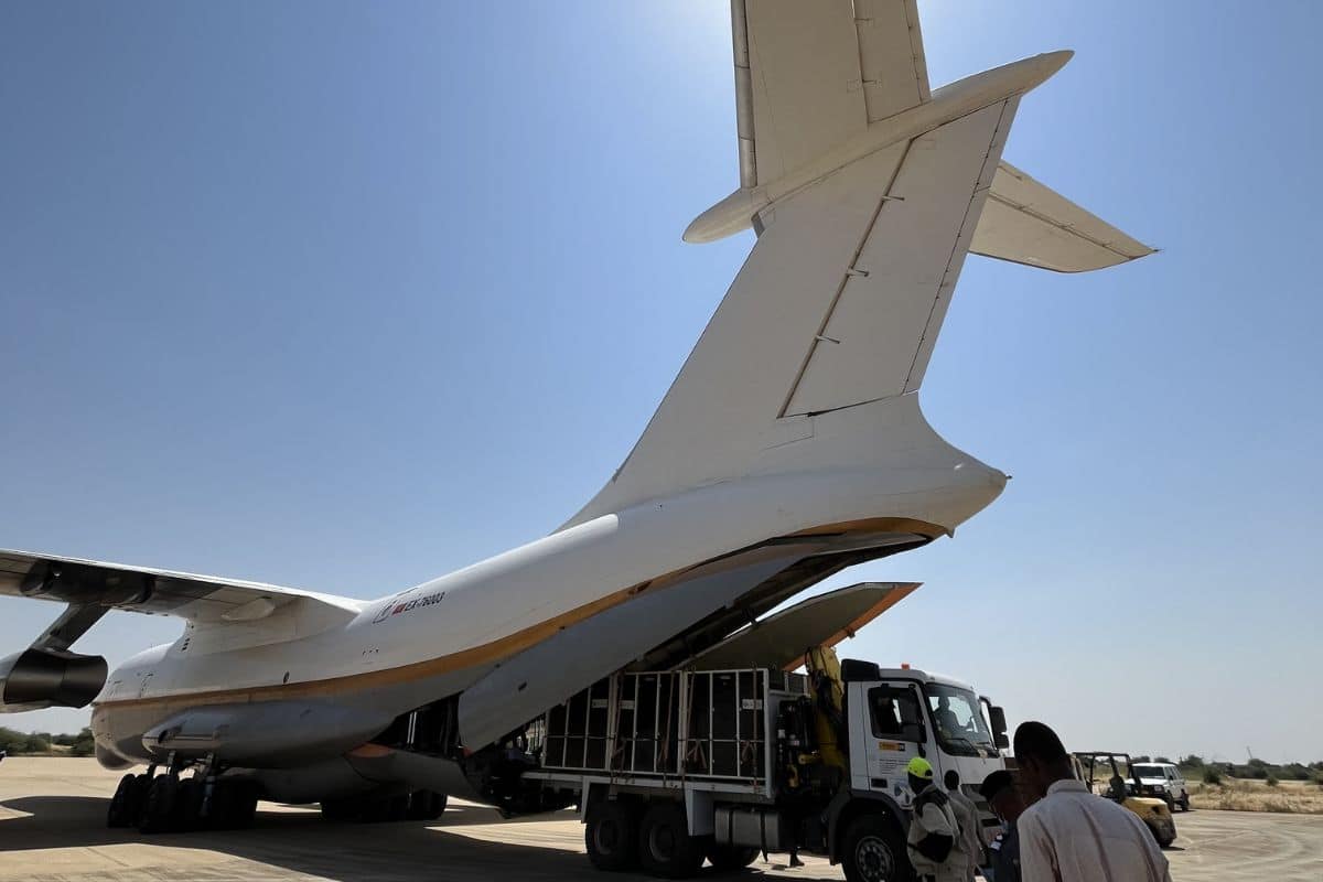 Unloading crates carrying the Oryx from a Cargo Plane. Credit_ Sahara Conservation
